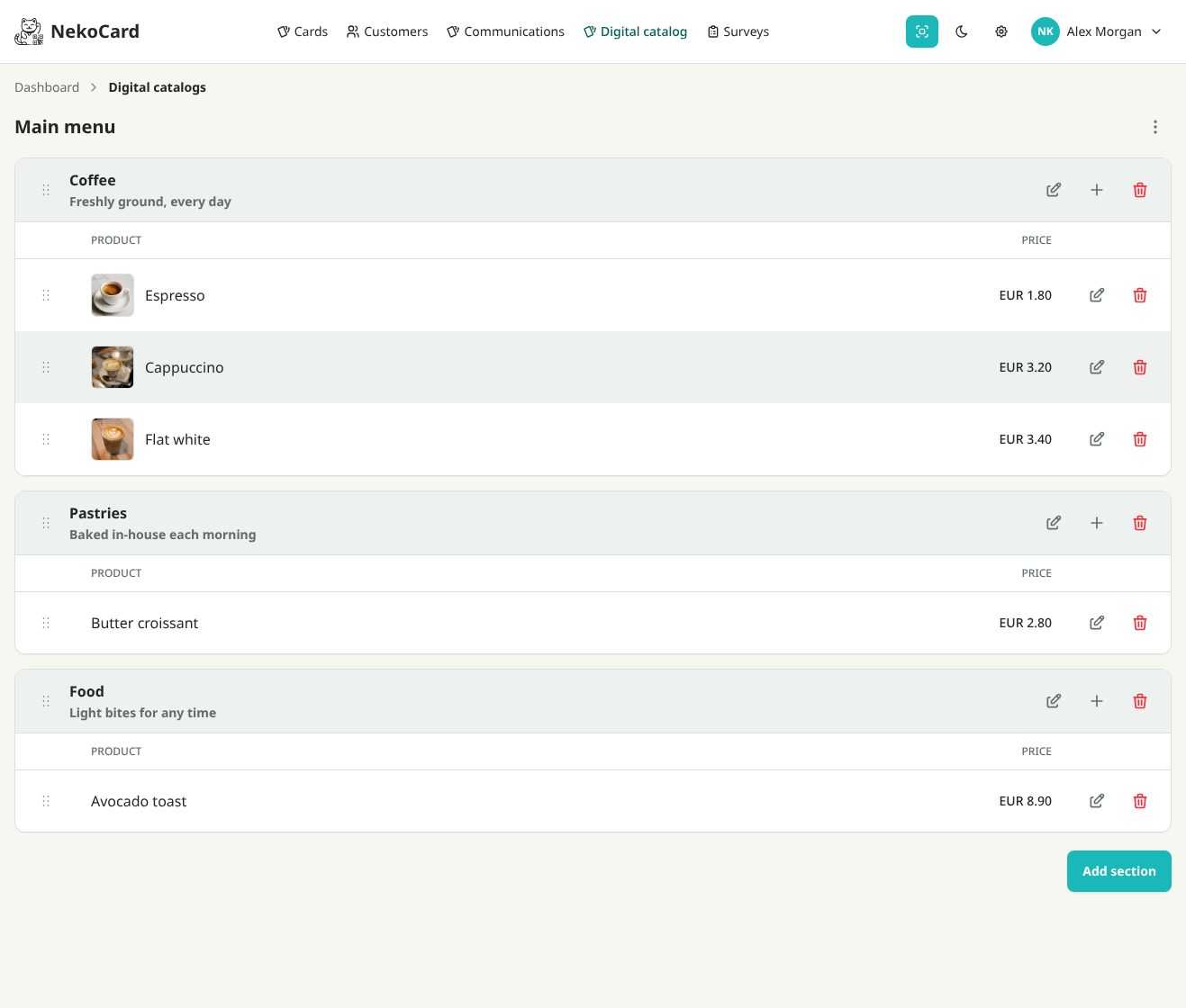 NekoCard digital catalog editor with Coffee, Pastries, and Food sections, product names, and prices