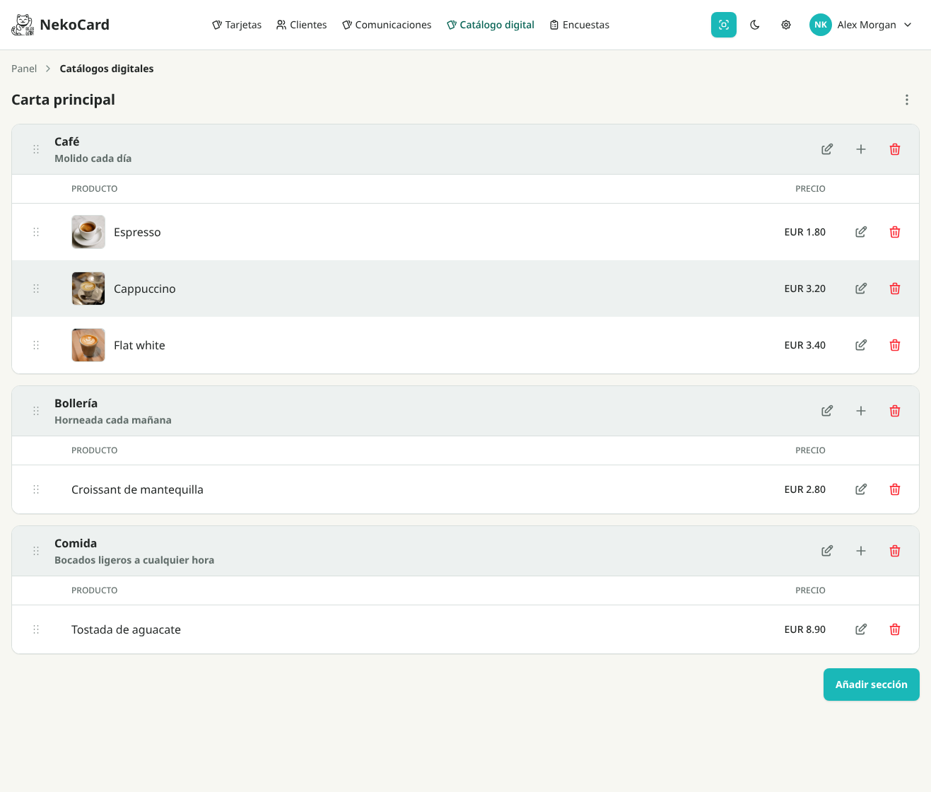 Editor de catálogo digital NekoCard con secciones Coffee, Pastries y Food, nombres de productos y precios