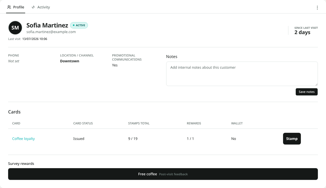 NekoCard customer profile with loyalty cards, notes, and survey rewards