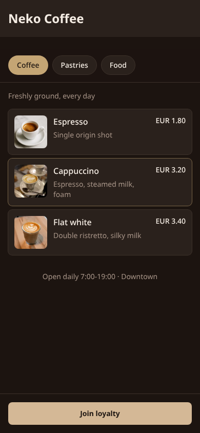 Neko Coffee public digital catalog on mobile with Coffee items, product photos, and Join loyalty button