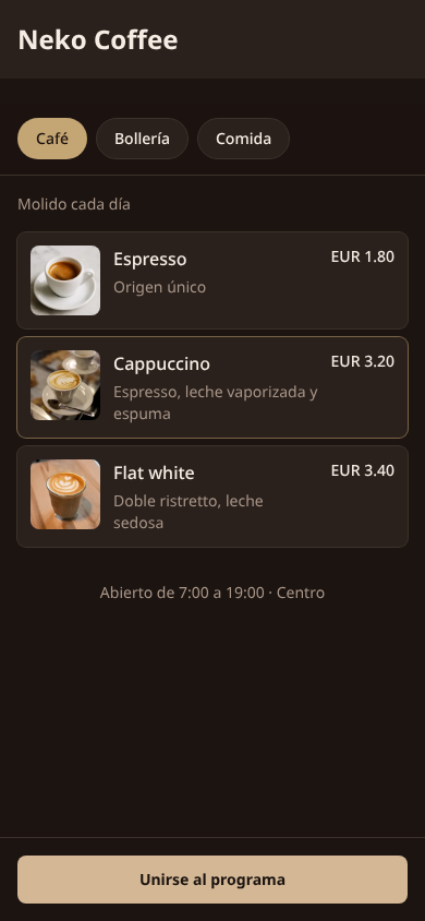 Catálogo digital público de Neko Coffee en móvil con artículos Coffee, fotos de productos y botón Unirse al programa