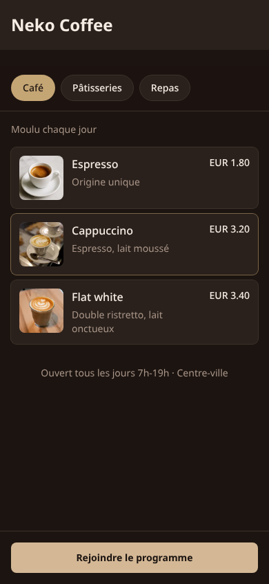 Catalogue numérique public Neko Coffee sur mobile avec articles Coffee, photos produits et bouton Rejoindre le programme