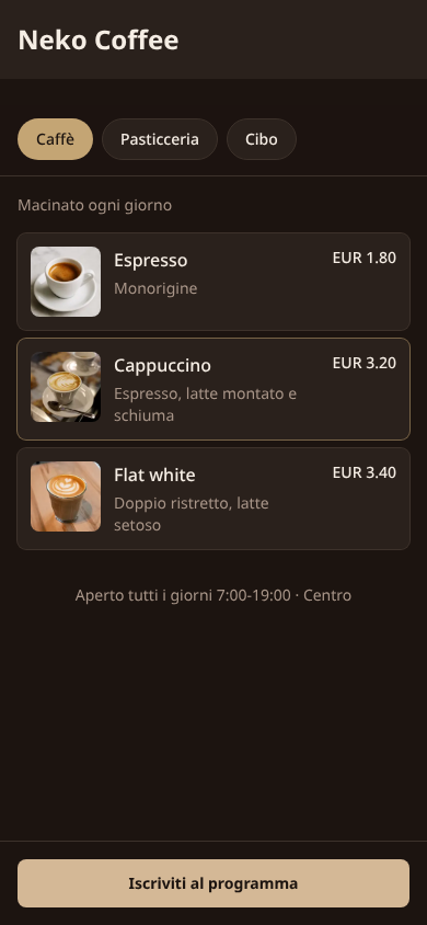 Catalogo digitale pubblico Neko Coffee su mobile con voci Coffee, foto prodotti e pulsante Iscriviti al programma