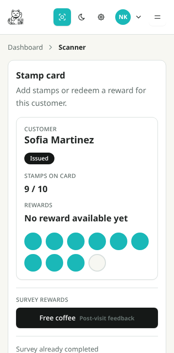 NekoCard staff scanner on mobile showing Sofia Martinez stamp card at 9 of 10 stamps with Add stamp button