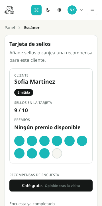 Escáner NekoCard en móvil con tarjeta de sellos de Sofia Martinez a 9 de 10 sellos y botón Añadir sello