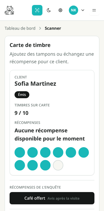 Scanner NekoCard sur mobile avec carte tampons de Sofia Martinez à 9 tampons sur 10 et bouton Ajouter un tampon