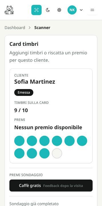 Scanner NekoCard su mobile con carta timbri di Sofia Martinez a 9 su 10 timbri e pulsante Aggiungi timbro